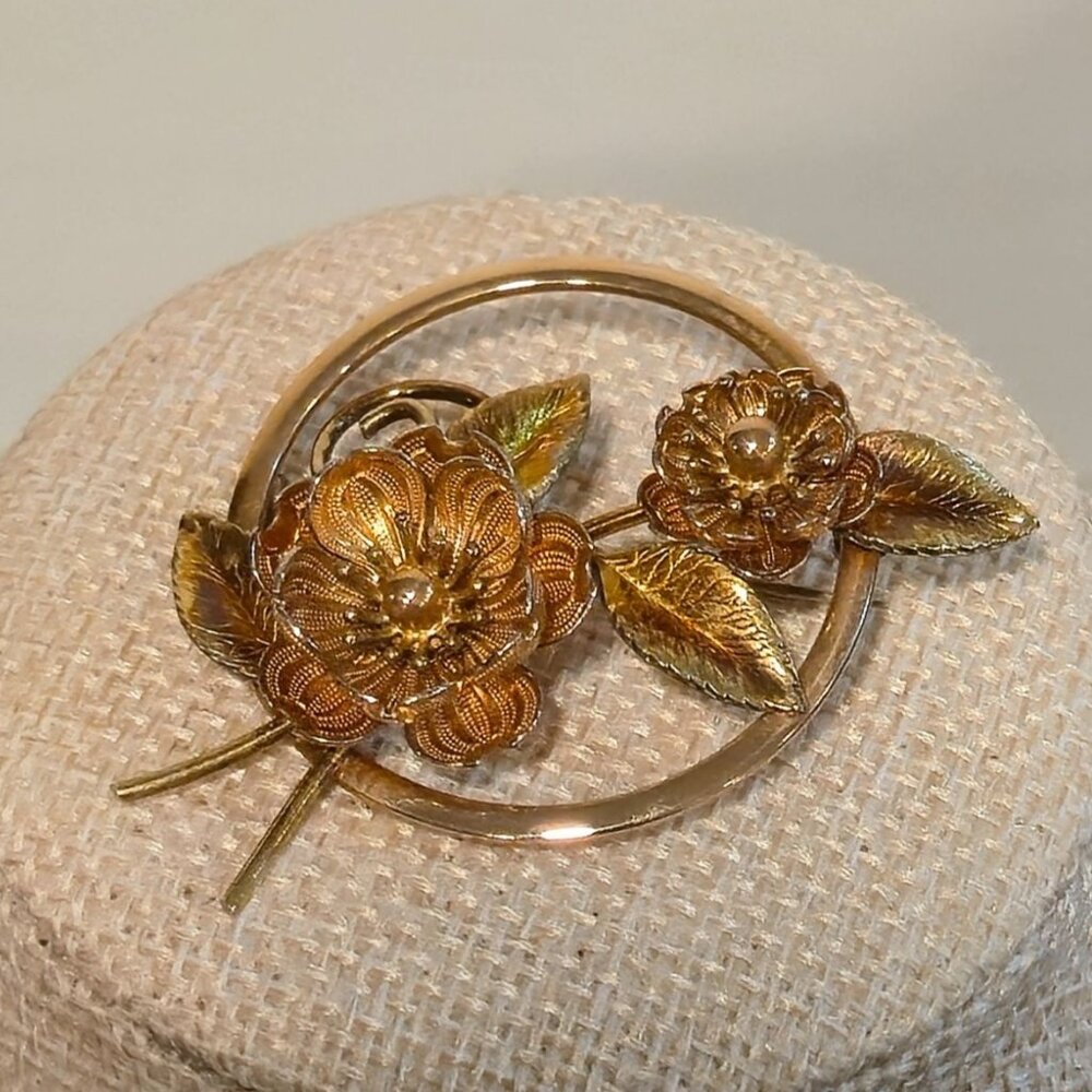 Vintage Krementz Gold plated Floral Brooch Pin signed designer Jewelry